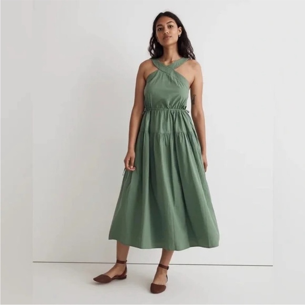Madewell Poplin Halter Tiered Midi Dress Green Cotton Size S